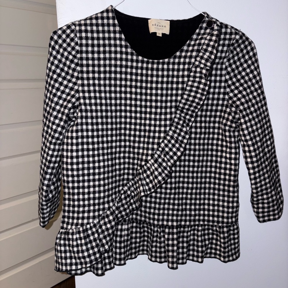 sezane Black and White gingham Top with Ruffle Detail